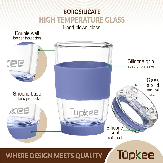Double Wall All Glass Tumbler - 8-Ounce, Reusable Insulated Tea/Coffee Mug & Lid, Hand Blown Glass Travel Mug - Jacaranda - 2 Pack