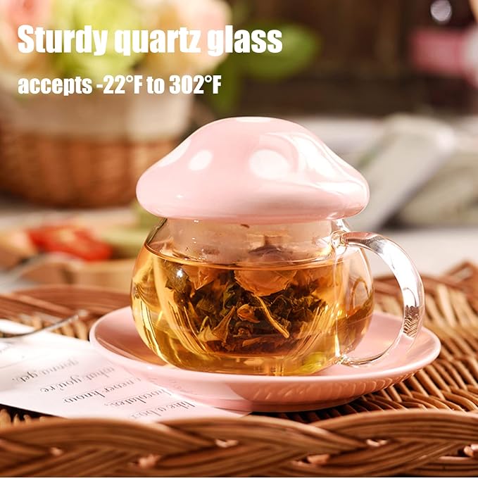 Mushroom Cup Cute Glass Tea Cup with Infuser and Lid Kawaii Mushroom Mug Set Coffee Teapot with Ceramic Coasters 11oz (Green)