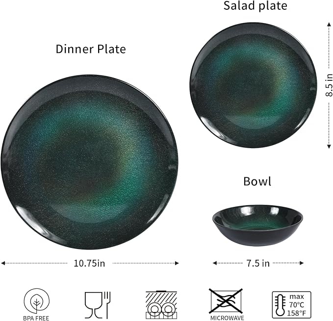 Melamine Dinnerware Set, 12pcs Plates and Bowls Set, Green Dinner Dishes Set for Indoor and Outdoor, BPA-Free, Dishwasher Safe（Green）
