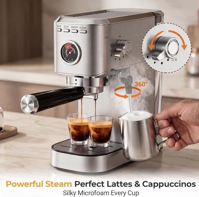 Oaomi Espresso Machine 20 Bar, Compact Expresso Coffee Machines with Milk Frother,Stainless Steel Espresso Maker with 39oz Removable Water Tank for Latte Cappuccino etc (Silver)
