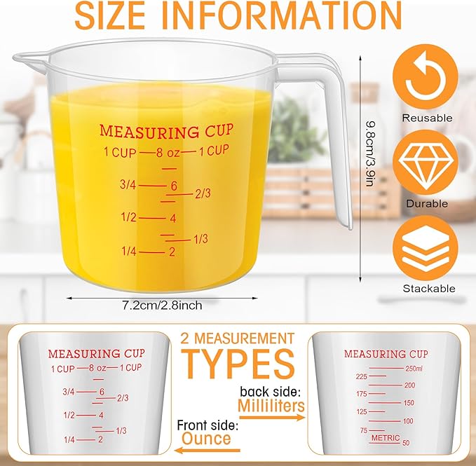 Kanayu 36 Pcs Plastic Measuring Cup Clear Measuring Mug with Spout and Handle Grip Capacity Clear Graduated Pitcher for Kitchen Flour Water Liquids (Red,8 Oz, 1 Cup)