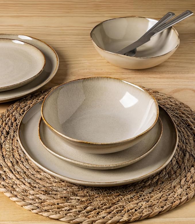 GBHOME Stoneware Dinnerware Sets for 6, 18 Pieces Rustic Earthenware Plates and Bowls Set, Handmade Reactive Glaze Ceramic Plate Sets, Chip Resistant Dishes, Microwave & Dishwasher Safe, Oatmeal Linen