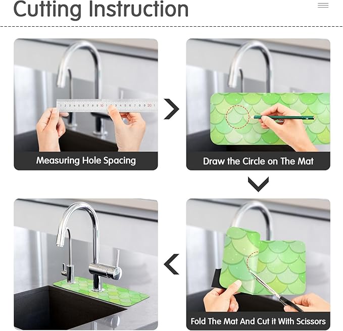Kitchen Sink Splash Guard 2 PCS 14.7 Inch Sink Faucet Mat Splash Guard for Bathroom Countertop Water Absorbent Foldable Cuttable Soft Washable Green Fish Scale