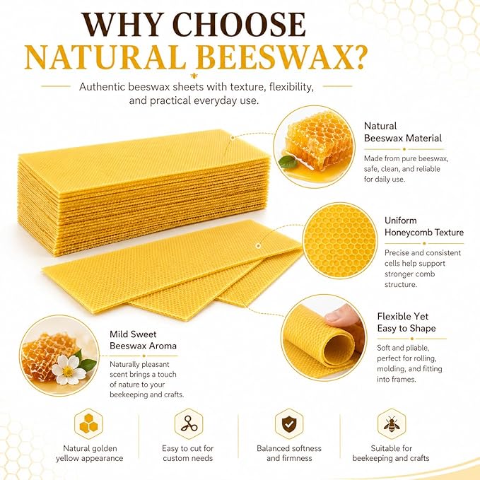 30Pcs Beeswax Sheets for Candle Making, Natural Wax Foundation for Bee Frames, DIY Candle Making Kit, Bees Wax Sheets for Beehives Honey (16.34 x 7.68inch)
