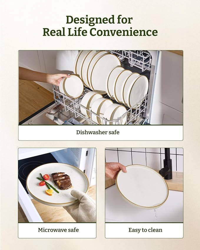 Famiware Nebula Plates and Bowls Sets, 12 Pieces Stoneware Dinnerware Sets, Reactive Glaze Dish Set, Dishes Set for 4, Matte Beige White with Brown Rim