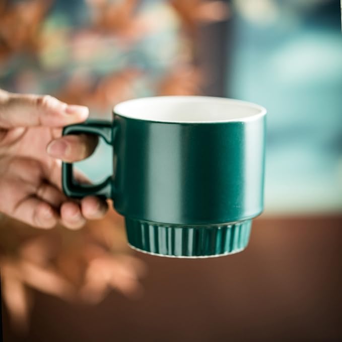 Miamolo Stackable Coffee Mugs Set of 4 with Holder Spoons 11oz Ceramic Cappuccino Cups for Espresso Latte Tea Drinks, Father's Day,Dishwasher & Microwave Safe, Green