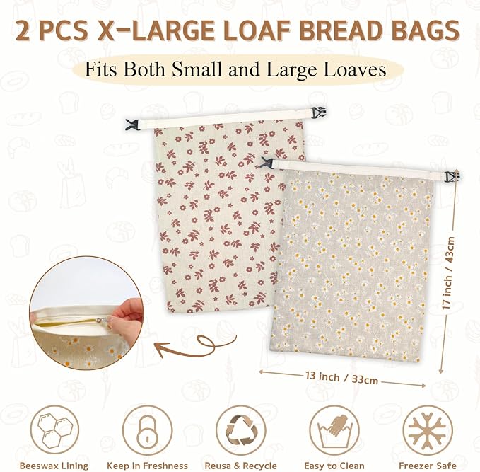 2 Pack Beeswax Bread Bags for Homemade Bread with Zipper, Large 13x17'' Reusable Beeswax Sourdough Bread Storage Bag, Keep Loaves Fresh Longer, Freezer Safe & Airtight, Natural, Zero Waste