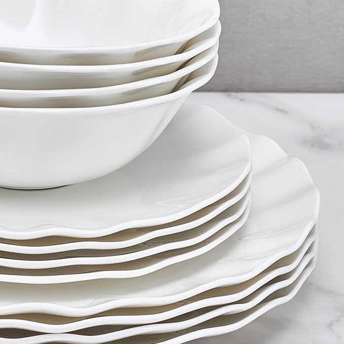 Mikasa Elodie Scalloped 12 Piece Bone China Durable Chip Resistant Lightweight Dinnerware Set, Service for 4, White