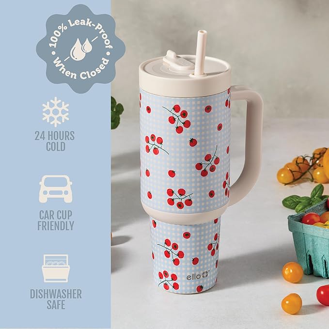 Ello Oasis 40oz Tumbler with Handle & Retracting Straw | Reusable Insulated Stainless Steel Cup 100% Leakproof | Keeps Cold for 24 Hours | Cup Holder Friendly | Picnic on the Vine