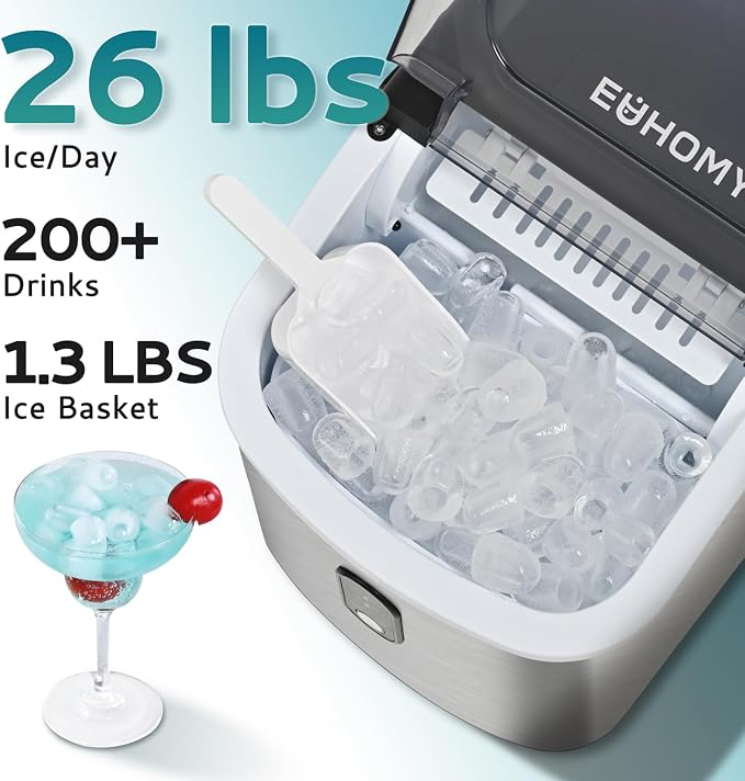 EUHOMY Ice Maker Countertop, Portable Ice Machine with Carry Handle, 26.5lbs Per Day, 9 Cubes in 6 Mins, Auto-Cleaning, with Basket and Scoop, for Home, Kitchen, Camping, RV