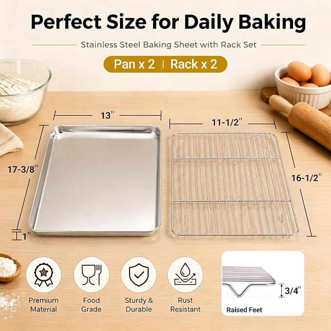 Onader Half Baking Sheet Pan with Rack Set, 18x13 Inch Stainless Steel Cookie Sheet with Cooling Rack, Nonstick Baking Pan for Oven, Nonstick & Rust Proof, 2 Pans + 2 Racks