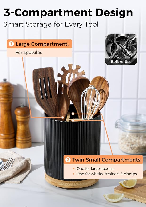 LoeJan 3 Compartment Utensil Holder, Extra Large Utensil Crock, Stable Ceramic Utensil Organizer, Cooking Tool Organizer Set for Kitchen Counter Farmhouse Decor (B-Black(Vertical Stripe))