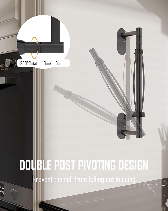 Paper Towel Holder Under Cabinet, Single Hand Operable Roll Holder with Damping Effect,No Drilling or Wall Mounted SUS304 Stainless Steel for Kitchen Bathroom (Matte Black)