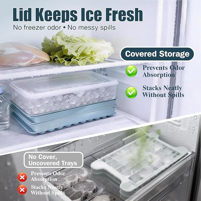 WIBIMEN Mini Ice Cube Trays, 0.55” Tiny Pebble Ice for Iced Coffee & Cocktails, Fast Chill, Easy Twist Release, Stackable with Lid & Storage Bin (2 Pack, Blue)