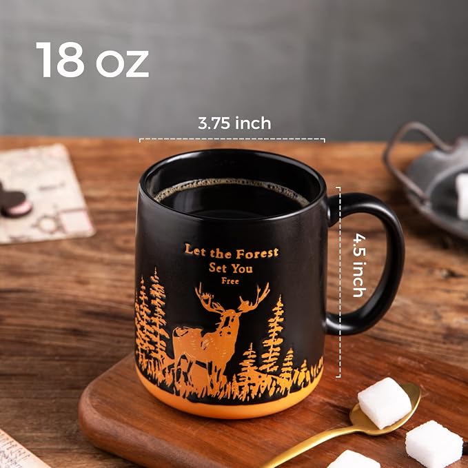 AmorArc 18oz Large Coffee Mugs Set of 6, Ceramic Coffee Mugs with Animal Wildlife Textured Patterns for Tea Latte Cocoa. Easy to Hold&Clean, Dishwasher&Microwave Safe, Matt Black