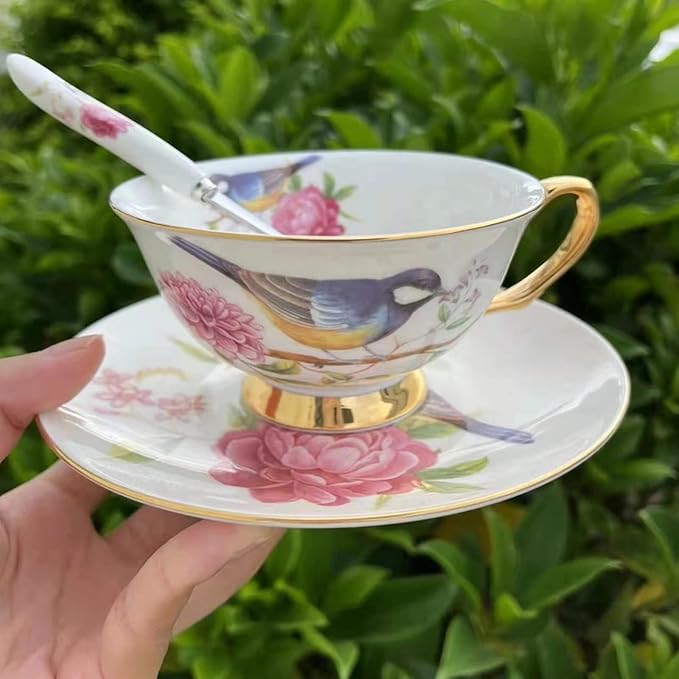 Honorable Coffee Cup Mug, Cappuccino, Tea Cup, with Saucer for Latte, Fine Bone Porcelain, Reactive Glaze, 6.8 Oz-1pcs (Vivid Bird)