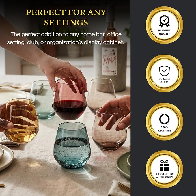 Beautiful Colored Wine Glasses | Set of 6 | Crystal, Large 16oz - Stemless Goblet Drinking Cups, Luxury Multi Color Glassware Gift Set - Her, Wife, Mom Friend - Colorful Drinkware Water, Wine Cocktail