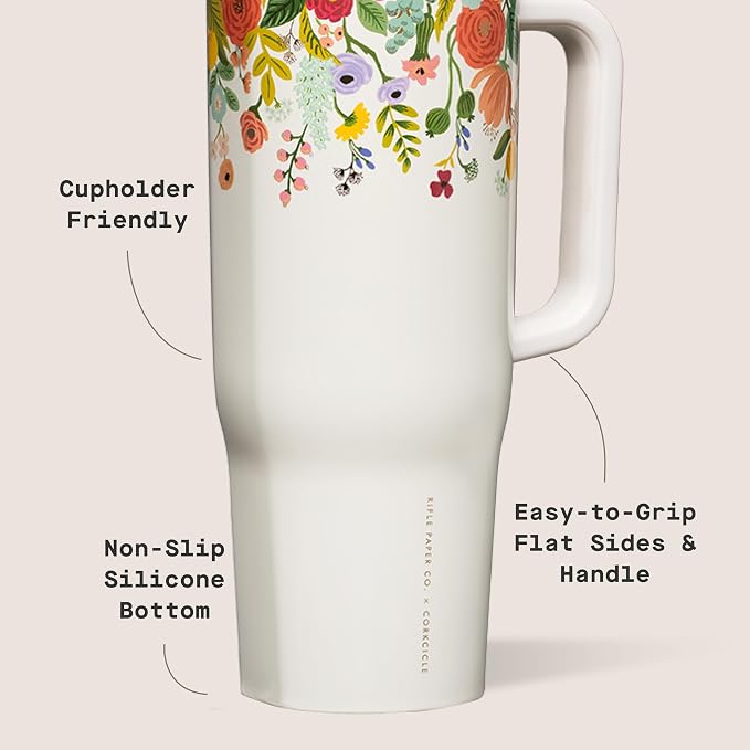 Corkcicle x Rifle Paper Co. Cruiser Insulated Tumbler with Handle & Straw - Keeps Drinks Cold 20 Hours - BPA-Free - Gift for Mom - Great for Mother's Day or Christmas - 40 oz - Garden Party Cream