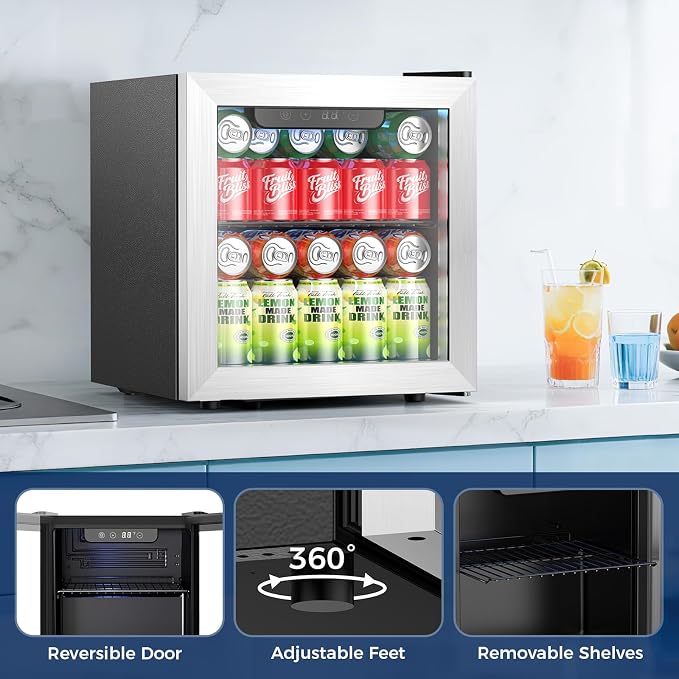Beverage Refrigerator, 50 Cans Commercial Mini Fridge Cooler, 1.3 Cu.ft with Glass Door, Adjustable Shelves, Digital Temperature Freestanding Small Drink Fridge Soda Beer or Wine for Home Dorm Bar