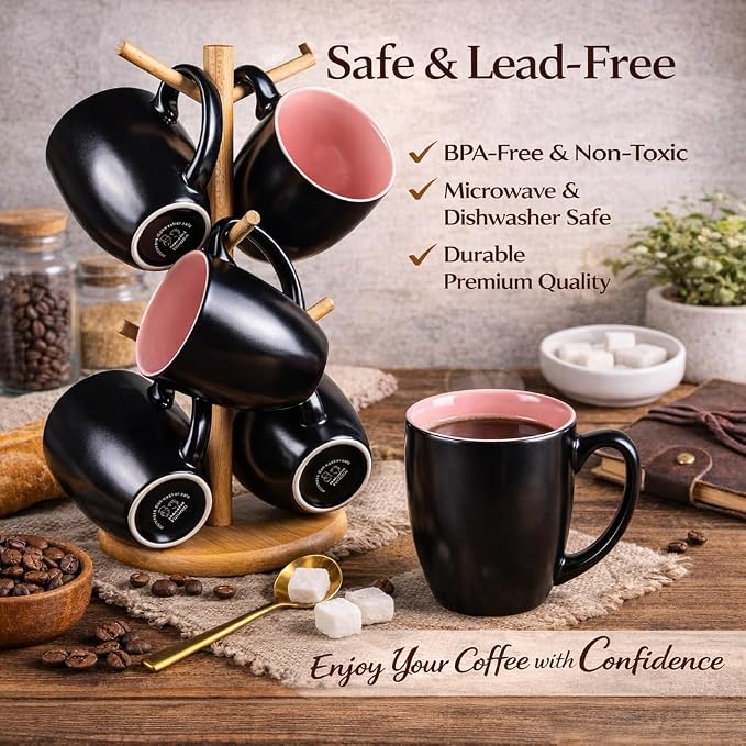 GBhome 16oz Coffee Mugs Set of 6, Large Ceramic Coffee Mugs for Man, Woman, Dad, Mom, Modern Coffee Mugs Set with handle for Tea/Latte/Cappuccino/Milk/Cocoa. Dishwasher&Microwave Safe,Pink