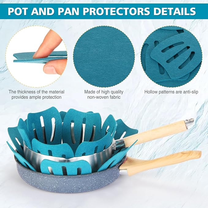 Nuogo 30 Pieces Pan Pot Protectors for Stacking 5 Different Size Max 16" Felt Pan Liners Protector Pad Anti Slip for Protecting and Dividers Stacking Separators(Teal)
