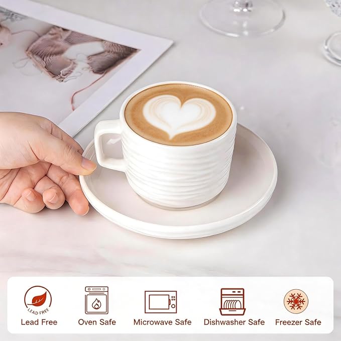 Cappuccino Cups with Saucers, 8 OZ White Ceramic Coffee Cups Set of 6, Good for Latte, Americano and Tea, Microwave and Dishwasher Safe, Ribbed Texture