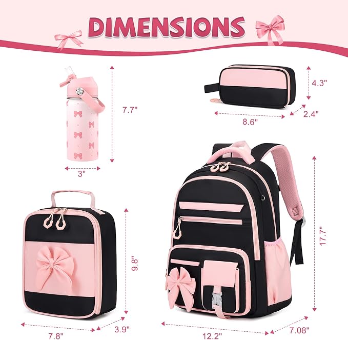 DIGOBAY Girls Backpack - Includes 14oz Insulated Water Bottle, Girls School Backpack Set with Lunch Bag & Pencil Case Teens for School (Black-Pink)