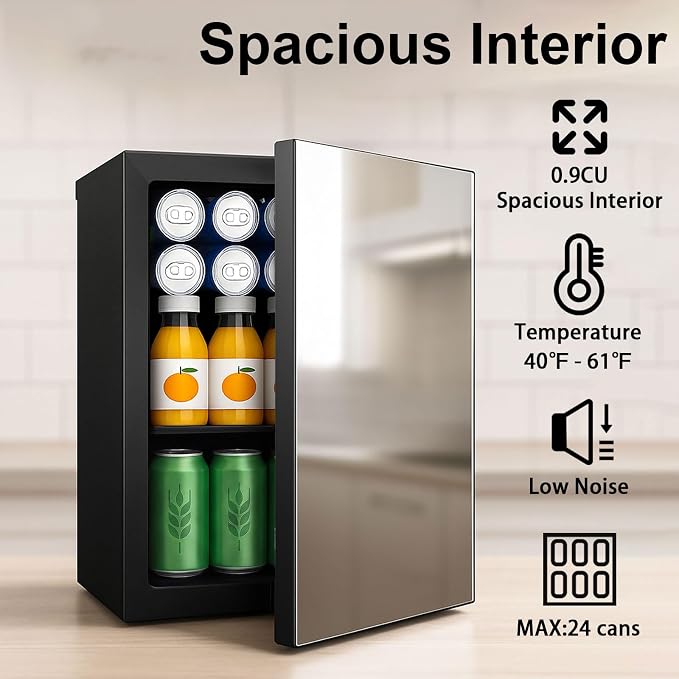 7 Temp Control 24 Can Mini Fridge, 0.95 Cu.Ft Beverage Cooler for Soda, Beer, Wine, Beauty Products, Mirrored Door Compact Refrigerator for Bedroom, Dorm, Office, Storage