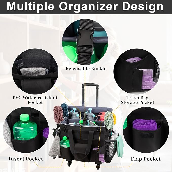 Large Rolling Cleaning Caddy with Wheels, Cleaning Supplies Organizer with Detachable Trolley, Water-resistant Cleaner Cart for Housekeepers, Multi Pocket Cleaning Cart with Shoulder Strap, Black
