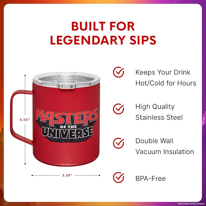 Dragon Glassware x Masters of the Universe (MOTU) Stainless Steel Camp Mug - 12 oz Insulated Camping Mug for Coffee, Tea, Matcha, Hot Beverages - Official 2026 Movie Merch - I Have the Power