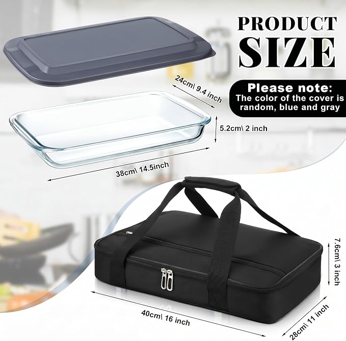 FoldTier Glass Baking Dish with Lid Glass Casserole with Carrier 9 x 13 Inch Insulated Bag for Hot or Cold Food Deep Casserole Dish for Oven Potluck Party Picnic Cookouts (Black)