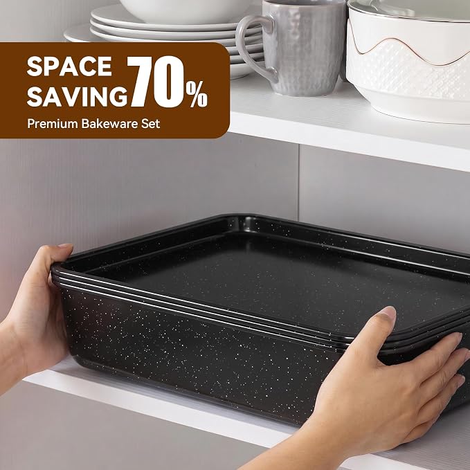 Wildone 13-Piece Baking Pans Set Nonstick - Stackable Bakeware Sets Including Cookie Sheets for Baking, Rack, Muffin Pan, Cake pan, Loaf Pan, Roasting Pan, Heavy Duty & Easy Clean, Black