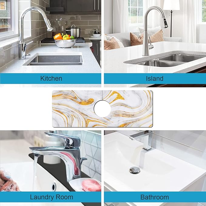 Kitchen Sink Splash Guard Faucet Mat Super Absorbent Fast Drying Mat Sink Gadgets Splash Guard Behind Faucet Drip Catcher for Kitchen (Marbling, 15x5.5in)