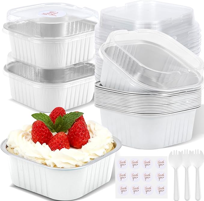 20 Pack 10oz Mini Cake Pans With Lids, Aluminum Foil Square Brownie Baking Cups,Disposable 4”x4” Large Cupcake Pan,Jumbo Muffin Tin Ramekins Holders-White