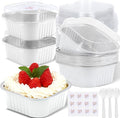100 Pack White 10oz Pink Mini Cake Pans With Lids, Aluminum Foil Square Brownie Baking Cups,Disposable 4”x4” Large Cupcake Pan,Jumbo Muffin Tin Ramekins Holders