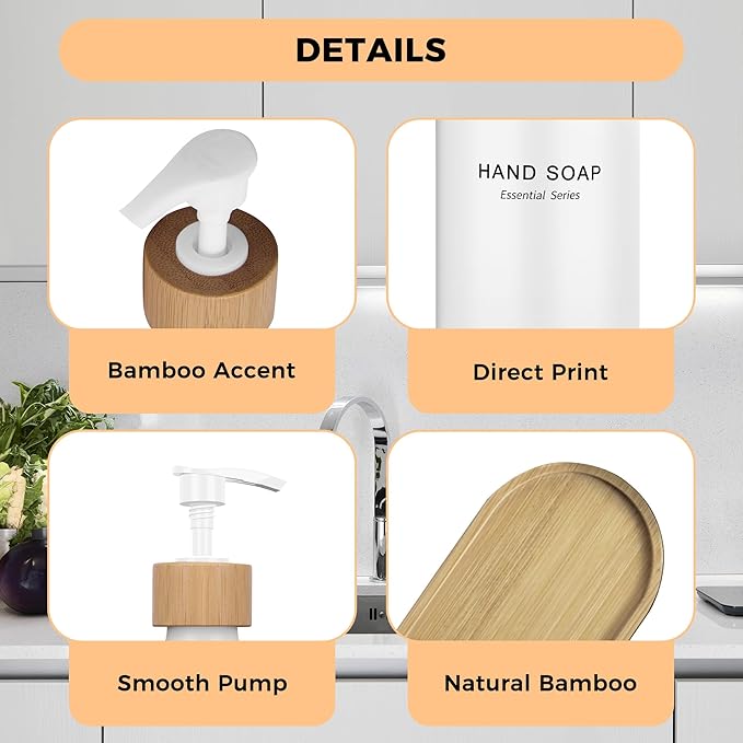 Dish and Hand Soap Dispenser Set with Tray, 16OZ Refillable Glass Bottles and Wood Pump, Double Bottle Countertop Organizer for Kitchen and Bathroom (White)