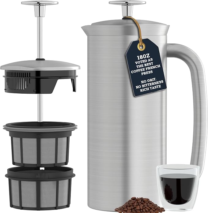 ESPRO Pro P7 Brushed Stainless Steel French Press 304 – Patented Double Walled Micro-Filter Insulated French Press Coffee Maker, Grit-Free Brew - Heat Resistant BPA Free - 18oz