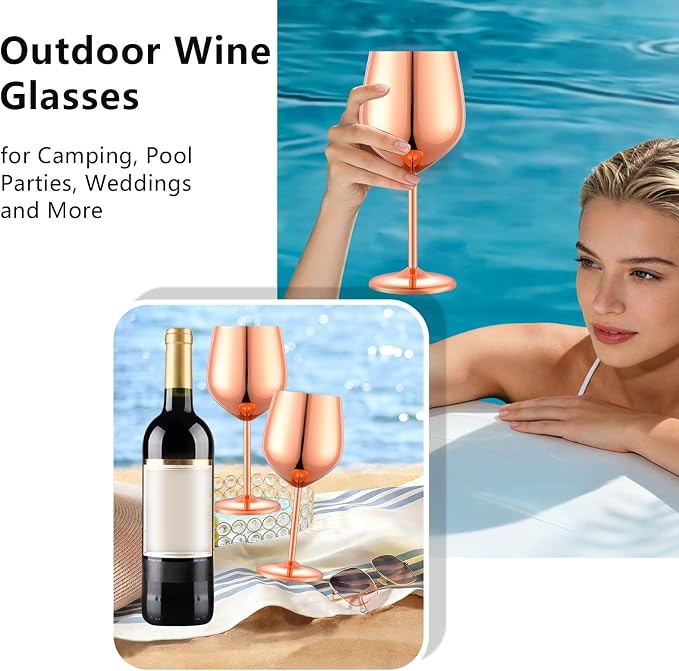 UNISWEET Stainless Steel Wine Glasses Set of 4 Unbreakable Wine Glass 18 oz Unique Metal Wine Goblets for Outdoor, Travel, Camping, Pool, Ideal Gift for Wine Lovers (Mirror-Rose Gold)