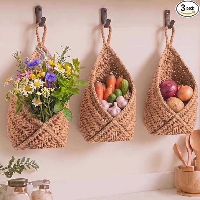 Honeydak Boho Decor Hanging Wall Baskets for Kitchen 3 Pack Teardrop Baskets with Hooks Storage Fruit Onion Vegetable Potato for Home 3 Sizes(Linen,Triangle,Jute)