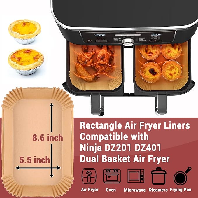 150PCS Air Fryer Liners for Ninja, 8.6 x 5.5 inch Disposable Air Fryer Paper Dual Basket, Non-Stick Unbleached Parchment Paper Baking Accessories Liners for Natural Ninja DZ201 DZ401