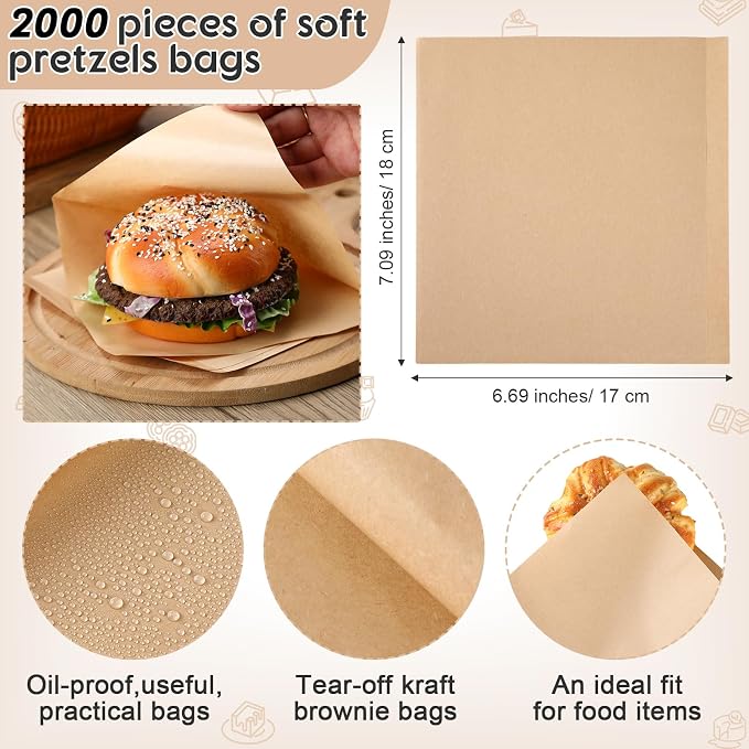Colarr 2000 Pcs Soft Pretzel Bags 6.69 x 7.09 Inch Pretzels Individual Bags Grease Resistant Double Open Paper Sandwich Wrapper Holder for Concession Stands Food Snack Cookie, Brown