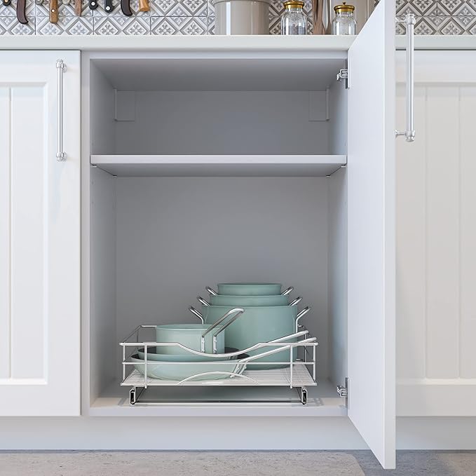 Home Zone Living Pull Out Kitchen Cabinet Organizer with Slide Out Drawer for Space Saving Storage, 17” W x 21” L