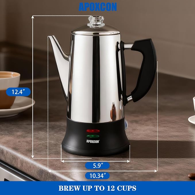 APOXCON Electric Coffee Percolator Stainless Steel Coffee Maker with Clear Brew Progress Tough Glass Knob, Keep Warm & Cordless Serve Classic Coffee Pot - No Aluminum No Plastic Contact (12 Cup)