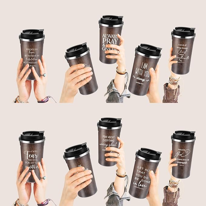 Meanplan 10 Set Christian Fathers Day Church Gifts Bible Verse Tumbler Bulk 17oz Coffee Cup Religious Jesus Tumbler Inspirational Mug for Men Women Teacher (Wood Grain, Bible Theme)
