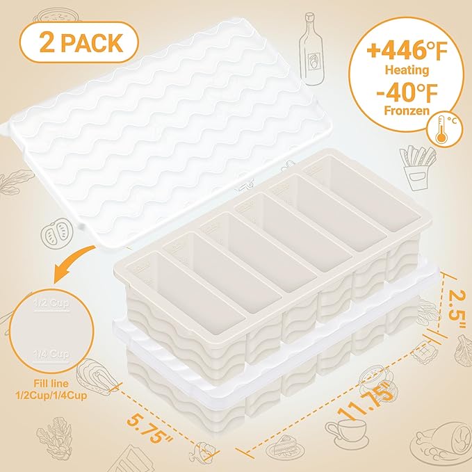 1/2 Cup Silicone Freezer Molds with Lid, 2-Pack Silicone Freezer Trays for Soup, Sauce & Broth – Meal Prep Containers, Large Ice Cube Tray, Oven & Dishwasher Safe