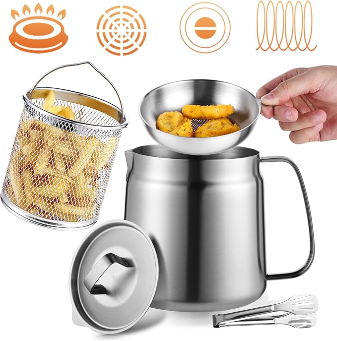 68oz Stainless Steel Oil Filter Pot, Multifunctional 2 in 1 Oil Strainer Pot for Camping, Large Capacity Bacon Grease Saver with Strainer, Kitchen Cooking Oil Container, Mini Deep Fryer with Basket