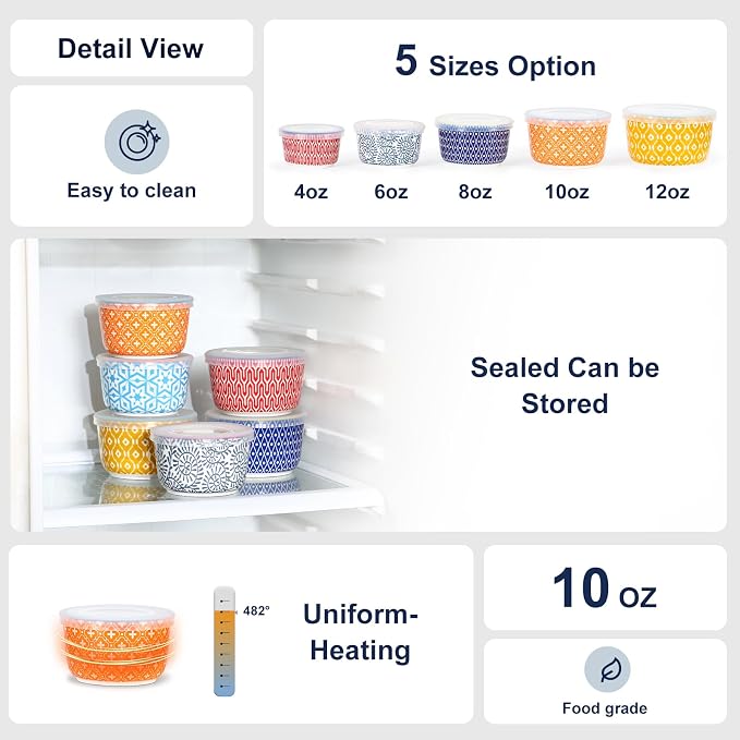 Selamica Ceramic Ramekins with Lids, 10 OZ Creme Brulee Ramekins with Covers Oven Safe, Custard Cups Small Baking Bowls for Souffle, Pudding, Onion Soup, Dips, Set of 6, Assorted Colors
