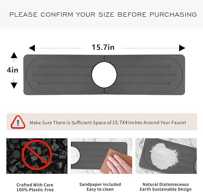 Stone Faucet Mat for Kitchen Sink, Diatomite Fast Drying Absorb Moisture Tray, Prevents Water Buildup, Durable Anti-slip Splash Guard Sink Protector (Dark Gray, 15.7"x4")
