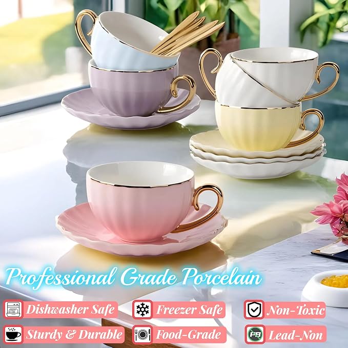ICHAG 18-Piece Bone China Cup and Saucer Set, 7.7oz Pumpkin Coffee Cups with Golden Trim & Spoons, Heat Resistant Porcelain Mugs for Afternoon Tea, Home, Office, Party & Gifting