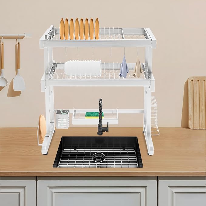 Over The Sink Dish Drying Rack, 3-Tier Drying Drainer Rack Over Sink Stainless Steel Adjustable 45.27'', Large Dish Drainer Drying Rack with Multiple Baskets Utensil Sponge Holder Sink Caddy